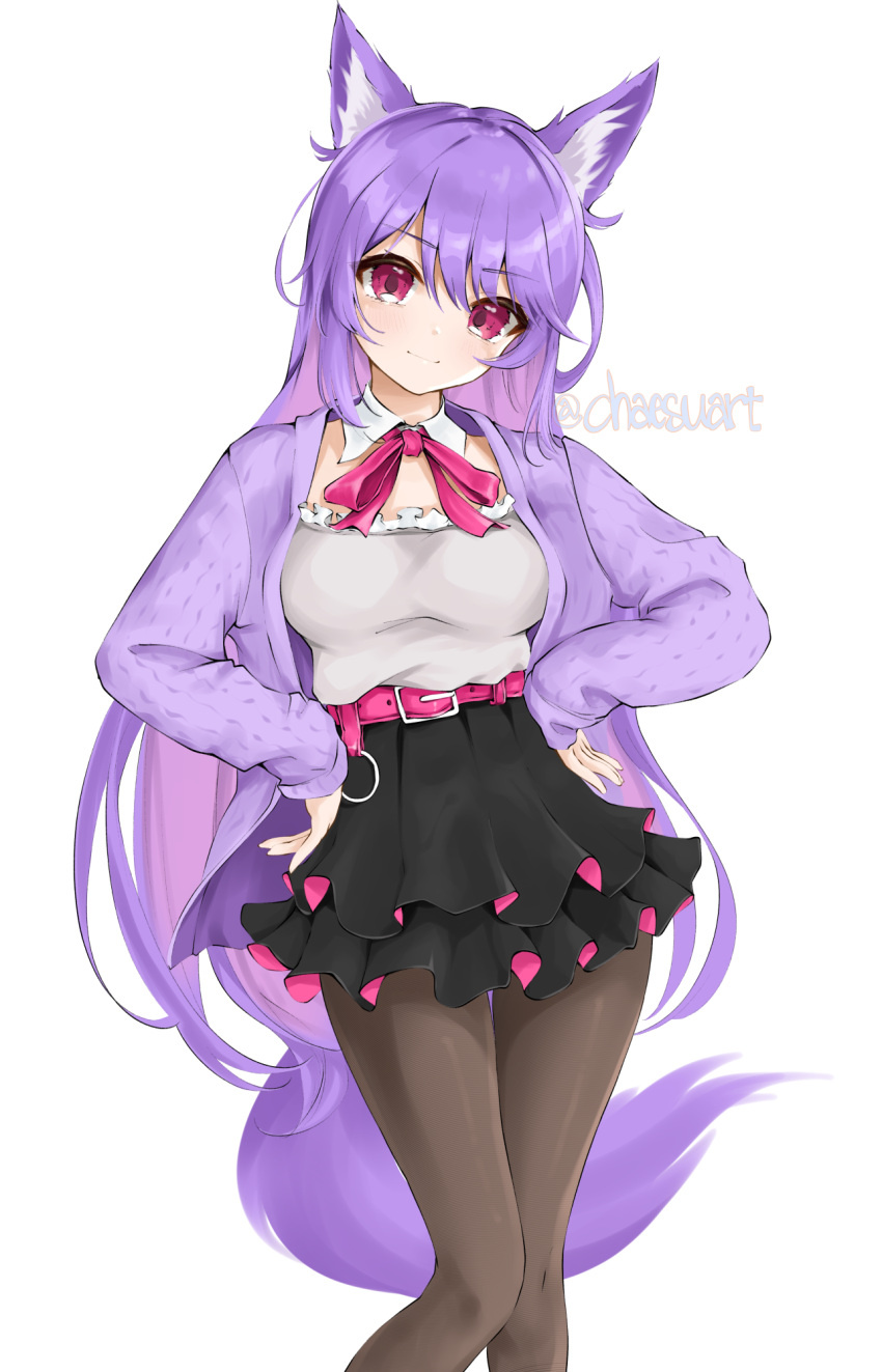 1girl animal_ears bangs belt black_legwear black_skirt byuyu cardigan chaesu commission eyebrows_visible_through_hair fox_ears fox_girl fox_tail frilled_shirt frills grey_shirt hands_on_hips highres indie_virtual_youtuber layered_skirt long_hair long_sleeves looking_at_viewer open_cardigan open_clothes pantyhose pink_belt purple_cardigan purple_hair shirt shirt_tucked_in simple_background skirt solo tail very_long_hair violet_eyes white_background