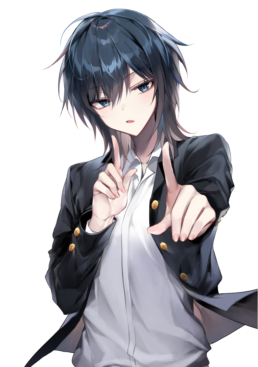 1girl absurdres bangs bara_(03_bara_) black_hair black_jacket blue_eyes buttons collared_shirt commentary_request eyebrows_visible_through_hair fingernails hair_between_eyes hands_up highres index_finger_raised jacket koi_dance long_sleeves looking_at_viewer medium_hair open_clothes open_jacket open_mouth original outstretched_arm shirt simple_background solo upper_body white_background white_shirt yokoyama_ishimi