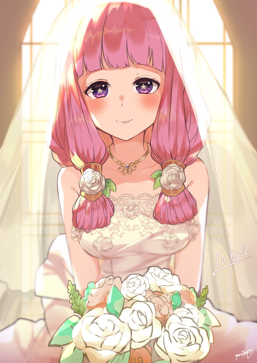 1girl alternate_costume bare_shoulders bouquet breasts bride commission fire_emblem fire_emblem_awakening flower hair_flower hair_ornament highres hime_cut jewelry looking_at_viewer medium_breasts medium_hair mitama_(fire_emblem) mukatsukupochi necklace pink_hair skeb_commission star-shaped_pupils star_(symbol) symbol-shaped_pupils
