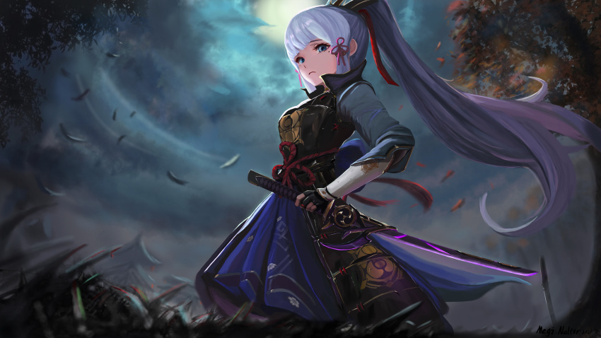 1girl absurdres armor ayaka_(genshin_impact) blue_eyes closed_mouth commentary genshin_impact hair_ribbon highres holding holding_sword holding_weapon japanese_armor japanese_clothes light_blue_hair long_hair looking_at_viewer meginalter mixed-language_commentary moon ponytail red_ribbon ribbon solo sword tree tress_ribbon weapon