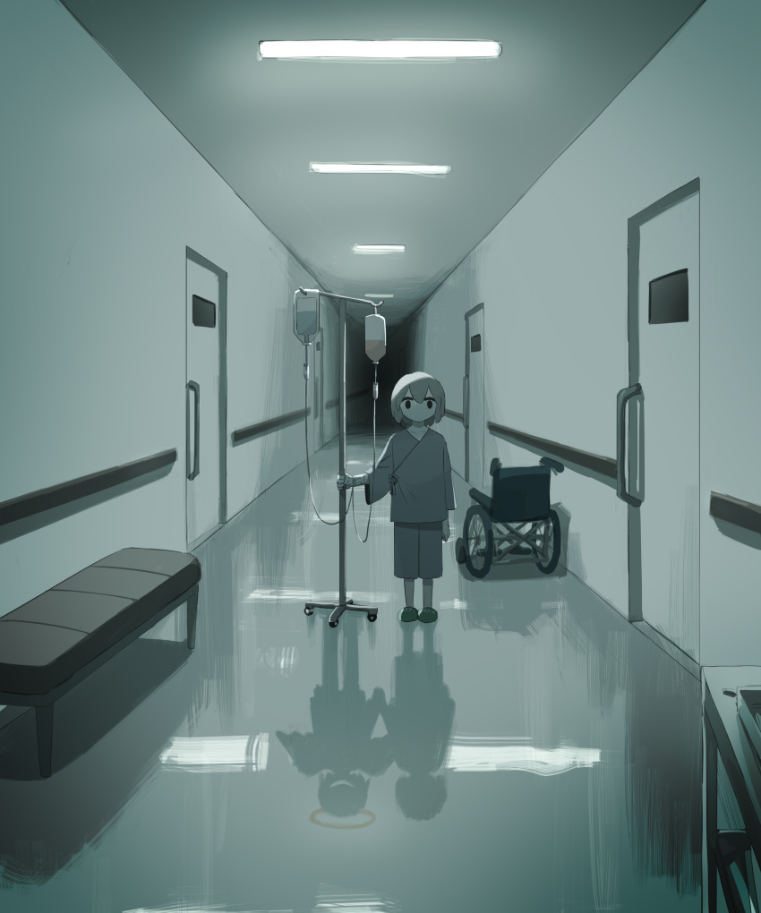 1boy 1other absurdres angel avogado6 bench black_eyes commentary_request different_reflection grey_hair hallway halo highres hospital hospital_gown intravenous_drip long_sleeves looking_at_viewer no_mouth original reflection slippers standing wheelchair wide-eyed wings