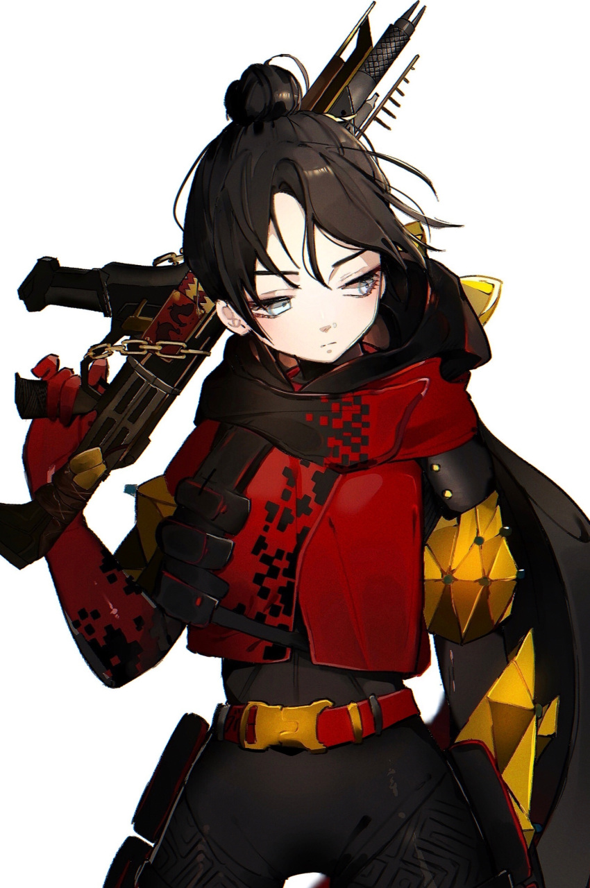 1girl animal_hood apex_legends assault_rifle black_bodysuit black_hair bodysuit cat_hood chain floating_hair grey_eyes gun hair_behind_ear hair_bun hellcat_wraith highres holding holding_gun holding_weapon hood hooded_jacket jacket looking_to_the_side miluchi over_shoulder red_jacket rifle solo weapon weapon_over_shoulder white_background wraith_(apex_legends)