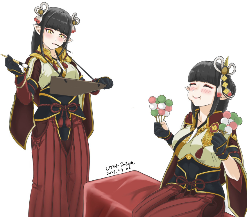 2girls black_hair blush breasts gloves hinoa japanese_clothes kimono long_hair minoto monster_hunter monster_hunter_(series) monster_hunter_rise pointy_ears siblings twins utm-intern