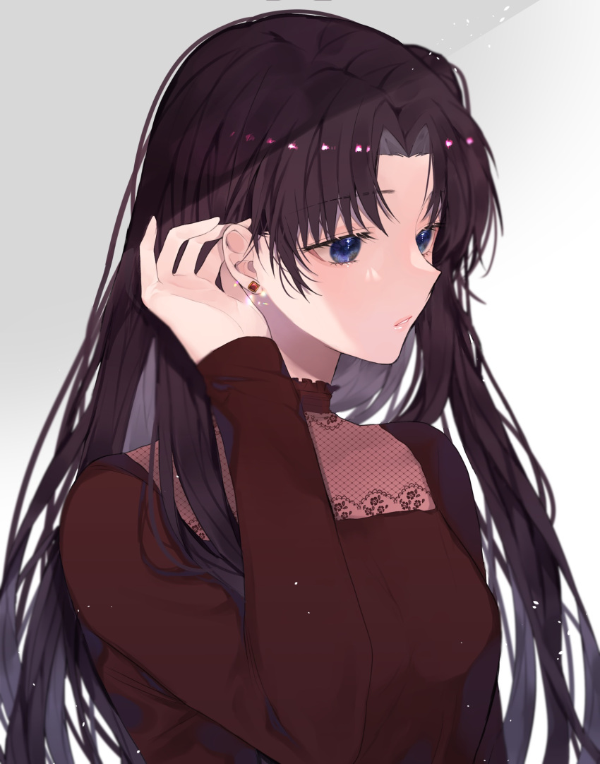 1girl bangs black_hair blue_eyes blush breasts commentary_request earrings fate/stay_night fate_(series) grey_background hand_up highres jewelry long_hair long_sleeves medium_breasts parted_bangs red_shirt shimatori_(sanyyyy) shirt simple_background solo thigh-highs tohsaka_rin two_side_up