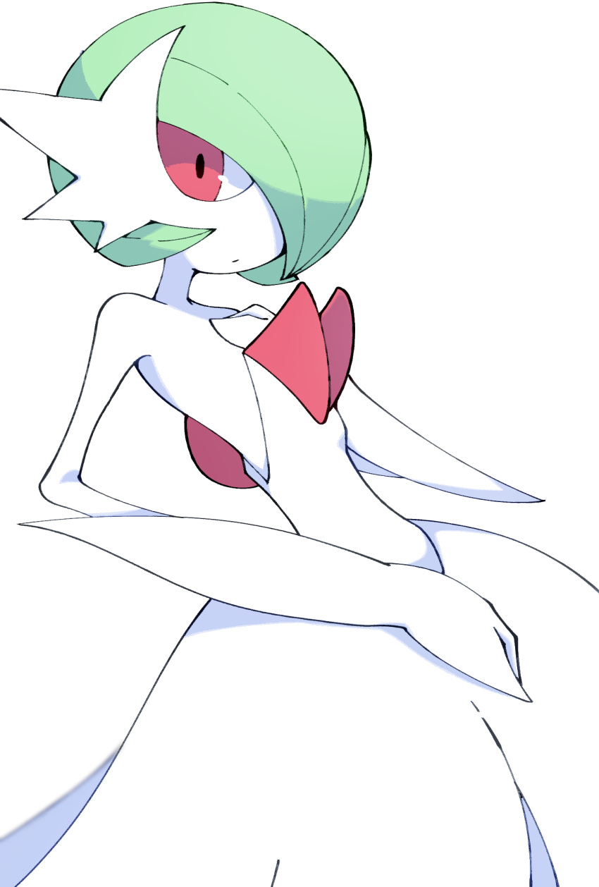 bob_cut closed_mouth colored_skin commentary_request gardevoir gen_3_pokemon green_hair hand_up highres looking_at_viewer mega_gardevoir mega_pokemon pokemon pokemon_(creature) red_eyes sasaki_sue short_hair simple_background solo white_background white_skin