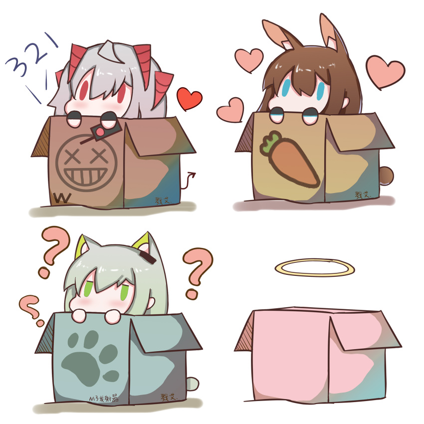 3girls ? amiya_(arknights) animal_ears arknights blue_eyes box brown_hair cardboard_box carrot chibi chinese_commentary chinese_text commentary_request demon_girl demon_horns demon_tail detonator green_eyes green_hair grey_hair halo hatsuzuki_527_(style) highres holding_remote_control horns in_box in_container kal'tsit_(arknights) luai_(qq) lynx_girl lynx_tail multiple_girls rabbit_ears red_eyes red_horns short_hair solid_oval_eyes tail w_(arknights)