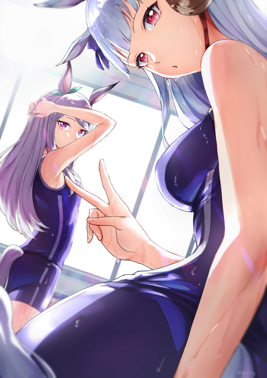 2girls absurdres animal_ears arms_up bangs bare_arms bare_shoulders blue_ribbon blunt_bangs breasts competition_school_swimsuit gold_ship_(umamusume) hair_ribbon highres horse_ears horse_girl horse_tail indoors looking_at_viewer looking_back medium_breasts mejiro_mcqueen_(umamusume) memero_7272 multiple_girls parted_lips purple_hair purple_swimsuit red_eyes ribbon signature silver_hair swimsuit tail umamusume v violet_eyes wet window