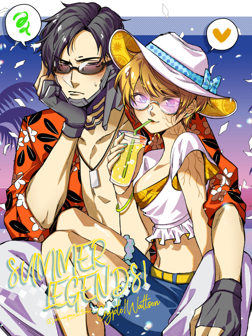 1boy 1girl alternate_costume apex_legends bangs bare_pectorals black_eyes black_hair blonde_hair blue_bow blue_eyes blue_shorts bow breasts character_name copyright_name crop_top crypto_(apex_legends) drinking drinking_straw drinking_straw_in_mouth hat hat_bow heart highres medium_breasts mozuwaka pants parted_hair pectorals round_eyewear short_hair short_shorts shorts speech_bubble spoken_heart spoken_squiggle squiggle summer sun_hat sunglasses wattson_(apex_legends) white_headwear white_pants yellow_belt