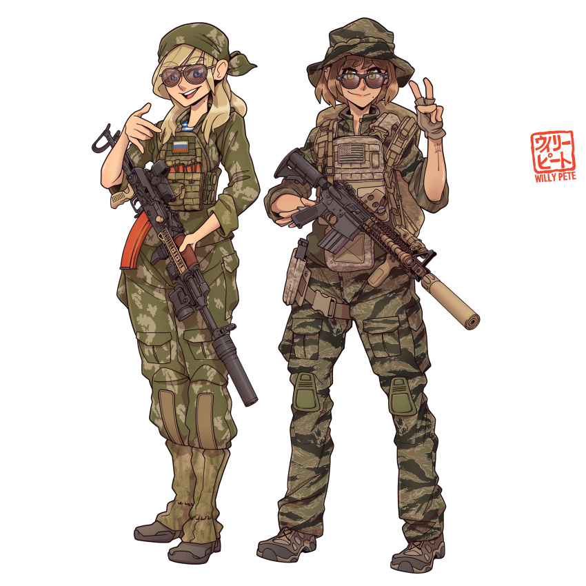 2girls :d absurdres ak-74 assault_rifle backpack bag blonde_hair blue_eyes boots brown_eyes brown_gloves brown_hair camouflage camouflage_headwear camouflage_jacket camouflage_pants camouflage_shirt earrings full_body gloves gun hat highres holding holding_gun holding_weapon jacket jewelry long_hair m16a1 military military_hat military_uniform multiple_girls open_mouth original pants rifle shirt short_hair simple_background sleeves_rolled_up smile sunglasses tactical_clothes teeth uniform v vest weapon white_background willy_pete