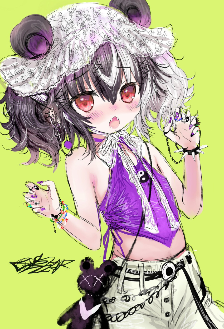 1girl animal_ears bangs bare_shoulders bear_ears black_hair blush bracelet claw_pose eyebrows_visible_through_hair fangs green_background hair_between_eyes hair_ornament hairclip hands_up highres indie_virtual_youtuber jewelry latin_cross multicolored_hair obear open_mouth pants purple_nails red_eyes shiodome_oji simple_background sketch solo spiked_bracelet spikes streaked_hair stuffed_animal stuffed_toy teddy_bear twintails virtual_youtuber white_hair white_pants x_hair_ornament yin_yang