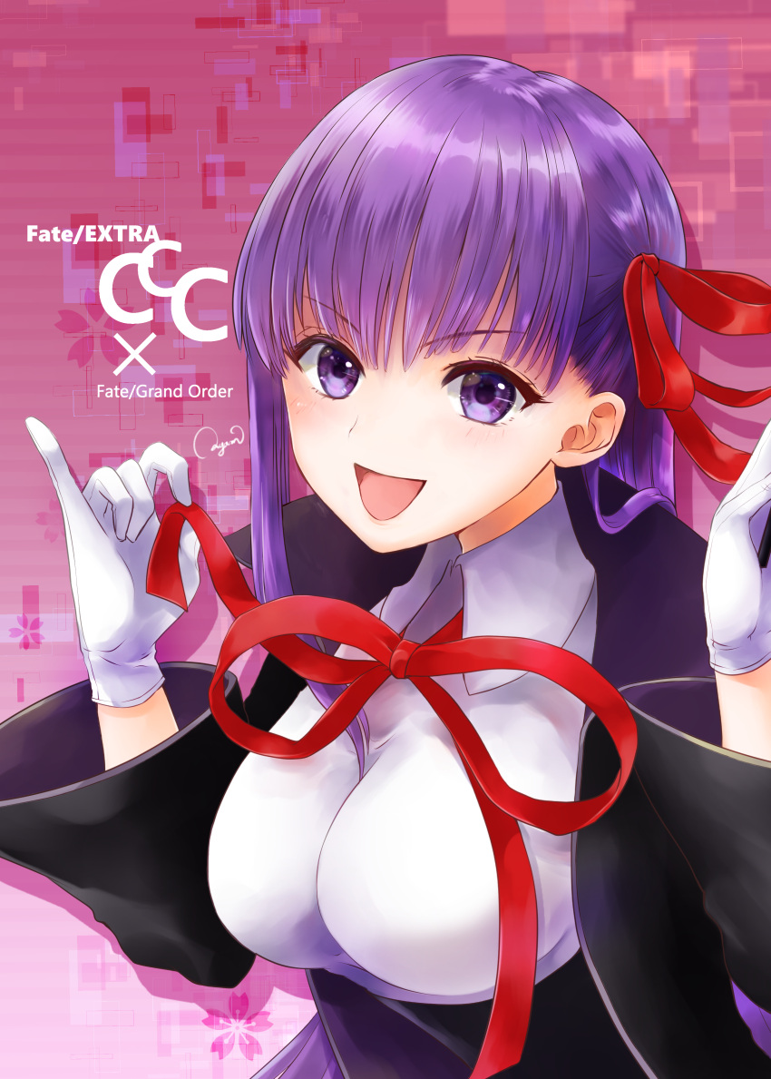 1girl absurdres ayamu_(igakato) bangs bb_(fate) bb_(fate)_(all) breasts cloak eyebrows_behind_hair eyebrows_visible_through_hair fate/extra fate/extra_ccc fate/grand_order fate_(series) gloves hair_ribbon highres large_breasts long_hair looking_at_viewer open_mouth purple_hair ribbon shirt smile solo upper_body violet_eyes white_gloves