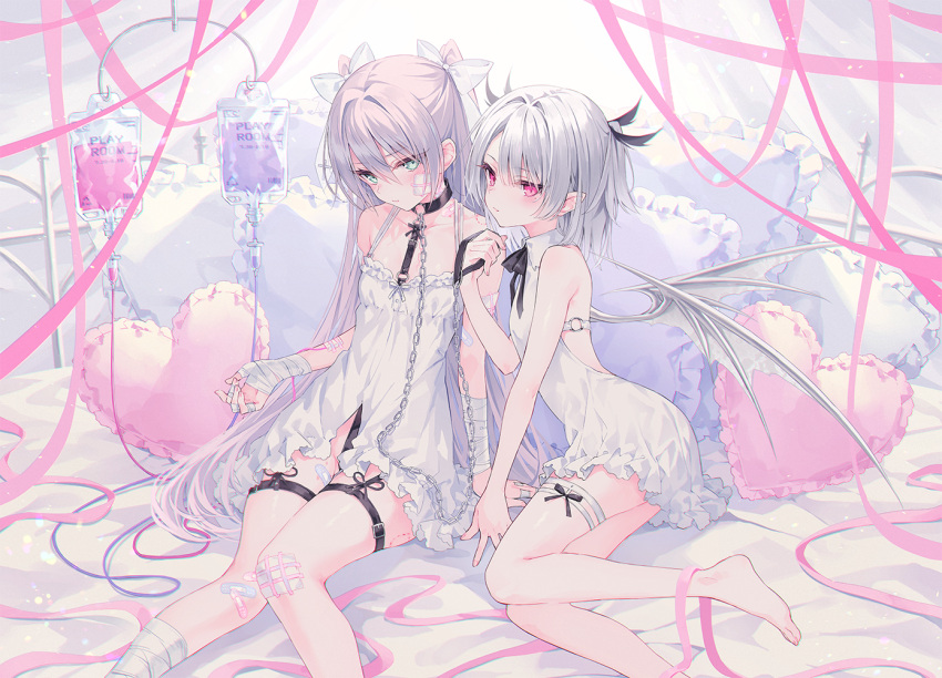 2girls bandaged_arm bandaged_hands bandaged_leg bandages bangs banned_artist bare_arms bare_shoulders barefoot bed black_choker bow choker collared_dress commentary_request dress eyebrows_visible_through_hair frilled_dress frilled_pillow frills green_eyes grey_hair grey_wings hair_between_eyes hair_bow heart heart_pillow intravenous_drip leash long_hair multiple_girls o-ring o-ring_choker on_bed original pillow rurudo silver_hair sleeveless sleeveless_dress two_side_up very_long_hair violet_eyes white_bow white_dress wings
