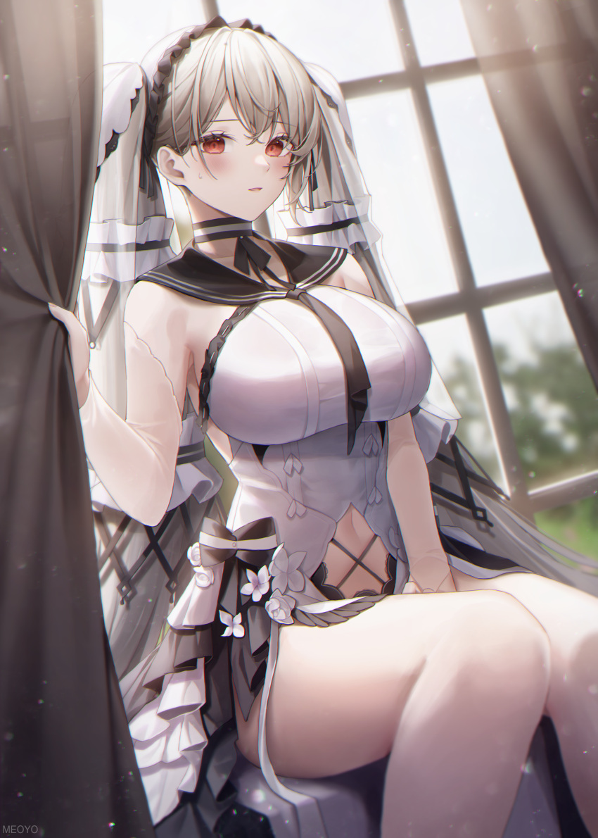 1girl absurdres artist_name azur_lane bangs black_choker black_sailor_collar blurry blurry_background blush breasts bridal_gauntlets choker clothing_cutout commentary curtain_grab curtains dress eyebrows_visible_through_hair formidable_(azur_lane) formidable_(timeless_classics)_(azur_lane) hair_ribbon hand_up highres huge_filesize indoors large_breasts light_particles long_hair looking_at_viewer meoyo midriff navel official_alternate_costume parted_lips red_eyes ribbon sailor_collar sitting solo stomach_cutout veil very_long_hair white_dress white_hair window
