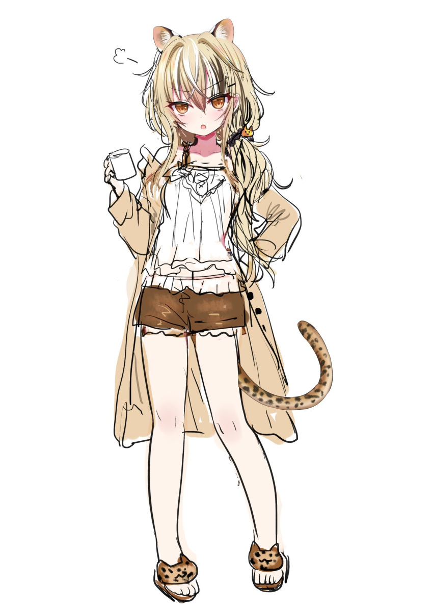 1girl :o animal_ear_fluff animal_ears bangs black_hair brown_eyes brown_footwear brown_hair brown_jacket brown_shorts camisole cup eyebrows_visible_through_hair full_body hair_between_eyes hand_on_hip highres holding holding_cup indie_virtual_youtuber jacket leopard_ears leopard_girl leopard_tail long_hair long_sleeves looking_at_viewer multicolored_hair no.fifteen open_clothes open_jacket parted_lips shiodome_oji short_shorts shorts simple_background sketch solo standing streaked_hair tail very_long_hair virtual_youtuber white_background white_camisole