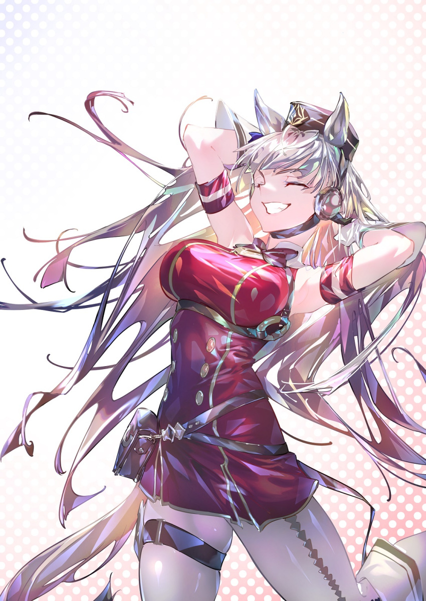 1girl animal_ears armpits bag bangs belt breasts closed_mouth coat earphones eyebrows_behind_hair eyebrows_visible_through_hair gloves gold_ship_(umamusume) hat highres horse_ears horse_girl horse_tail larus_k_01 leg_belt long_hair open_mouth red_coat silver_hair simple_background smile solo tail teeth thigh-highs umamusume white_background white_gloves white_hair white_legwear