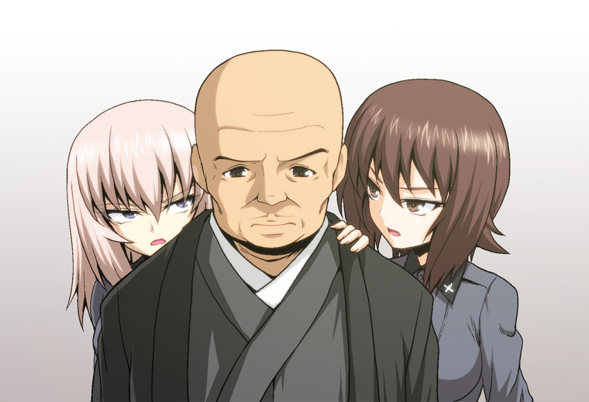 1boy 2girls bald bangs blue_eyes brown_eyes brown_hair dress_shirt eyebrows_visible_through_hair frown girls_und_panzer girls_und_panzer_gekijouban glaring gradient gradient_background grey_background grey_shirt hand_on_another's_shoulder haori insignia itsumi_erika japanese_clothes kamishima_kanon kodama_shichirou kuromorimine_school_uniform long_sleeves looking_back medium_hair multiple_girls nishizumi_maho open_mouth school_uniform shirt short_hair silver_hair wing_collar