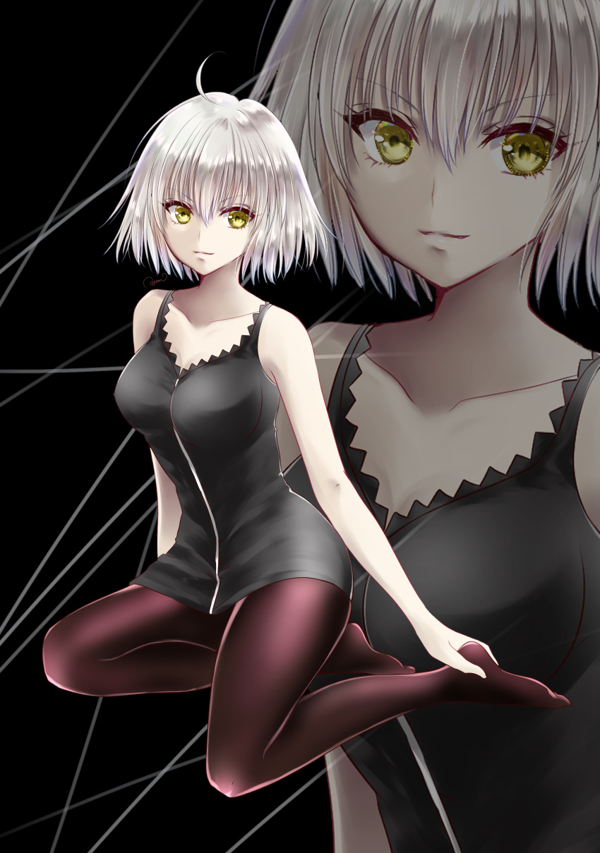 1girl absurdres ahoge ayamu_(igakato) bangs bare_arms bare_shoulders black_background black_legwear breasts collarbone eyebrows_behind_hair eyebrows_visible_through_hair fate/grand_order fate_(series) highres jeanne_d'arc_(alter)_(fate) jeanne_d'arc_(fate)_(all) looking_at_viewer shirt short_hair silver_hair sitting sleeveless sleeveless_shirt smile solo thigh-highs yellow_eyes