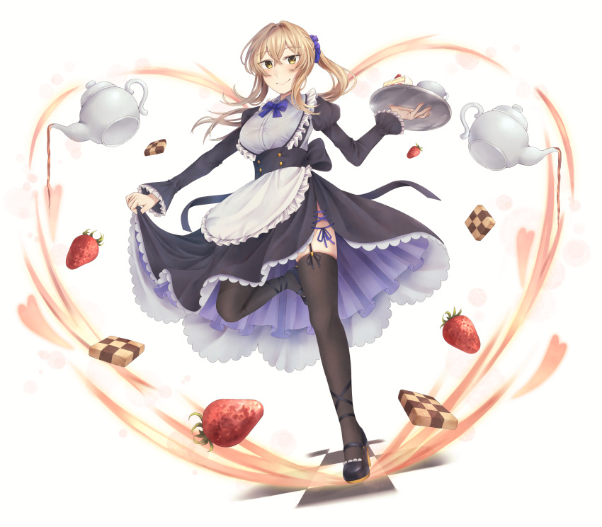 1girl absurdres apron bianca_(punishing_grey_raven) black_footwear black_legwear black_skirt blonde_hair blush checkerboard_cookie cookie dessert food fruit full_body garter_straps heart highres holding holding_tray juliet_sleeves long_sleeves looking_at_viewer maid maid_apron mamame_suzuki puffy_sleeves punishing:_gray_raven sidelocks simple_background skirt skirt_hold smile standing standing_on_one_leg strawberry teapot thigh-highs tray twintails white_background yellow_eyes