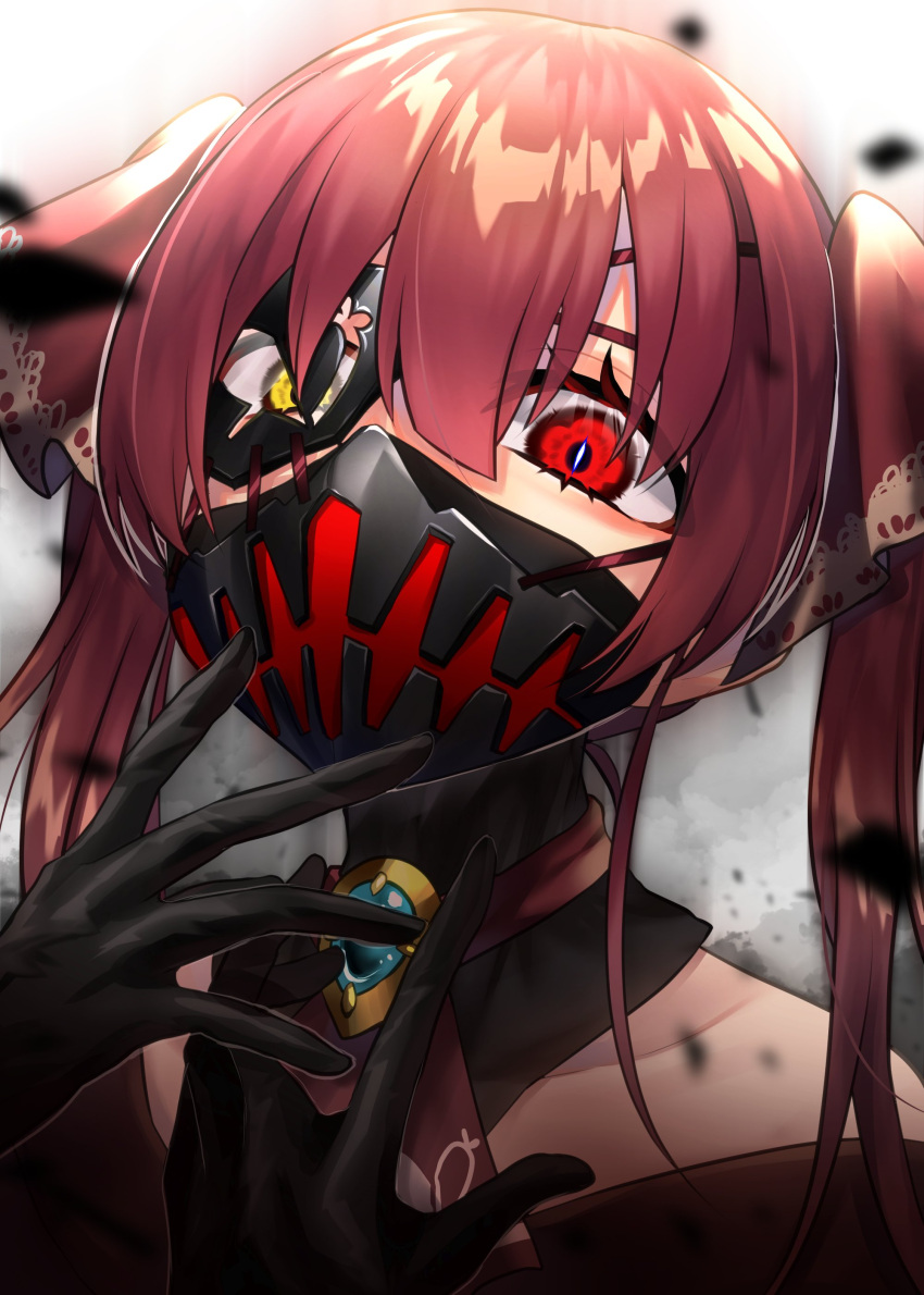 1girl absurdres amulet black_gloves commentary commentary_request covered_mouth eyepatch gloves hair_ribbon heterochromia highres hololive houshou_marine long_hair looking_at_viewer mask onigumo_zx red_eyes redhead ribbon slit_pupils solo twintails virtual_youtuber white_background yellow_eyes