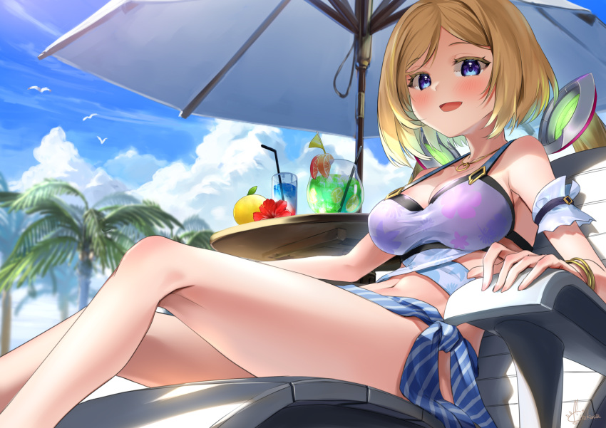 1girl :d aki_rosenthal arm_cuffs arm_rest bangs bare_legs bare_shoulders beach_chair beach_umbrella bikini blonde_hair blue_sky blush bracelet commentary_request cup day detached_hair drinking_straw eyebrows_visible_through_hair feet_out_of_frame floral_print flower food fruit highres hololive jewelry kito_koruta looking_at_viewer midriff navel necklace open_mouth orange_(food) outdoors palm_tree parted_bangs print_bikini purple_bikini red_flower sarong short_hair signature sitting sky smile solo striped striped_sarong swimsuit tree tropical_drink twintails umbrella violet_eyes virtual_youtuber