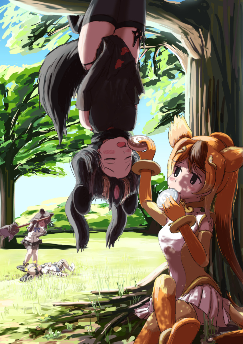 4girls @_@ absurdres african_wild_dog_(kemono_friends) animal_ears arm_up aye-aye_(kemono_friends) bear_ears bear_paw_hammer black_hair blush bodystocking brown_bear_(kemono_friends) brown_hair china_dress chinese_clothes closed_eyes colored_inner_hair commentary_request crossed_legs dappled_sunlight day dog_ears dress dress_tug elbow_gloves extra_ears eyebrows_visible_through_hair feeding flying_sweatdrops food gloves golden_snub-nosed_monkey_(kemono_friends) grey_hair hand_on_hip hand_up hanging high_ponytail highres holding holding_food holding_weapon japari_bun kemono_friends lemur_ears lemur_tail leotard long_hair looking_at_another lying microskirt monkey_ears monkey_tail multicolored_hair multiple_girls on_back open_mouth orange_hair outdoors pink_hair shirt shorts shuriken sitting skirt star_(symbol) sunlight tail teriiman thigh-highs tree tree_shade twintails unconscious upside-down very_long_hair weapon worried
