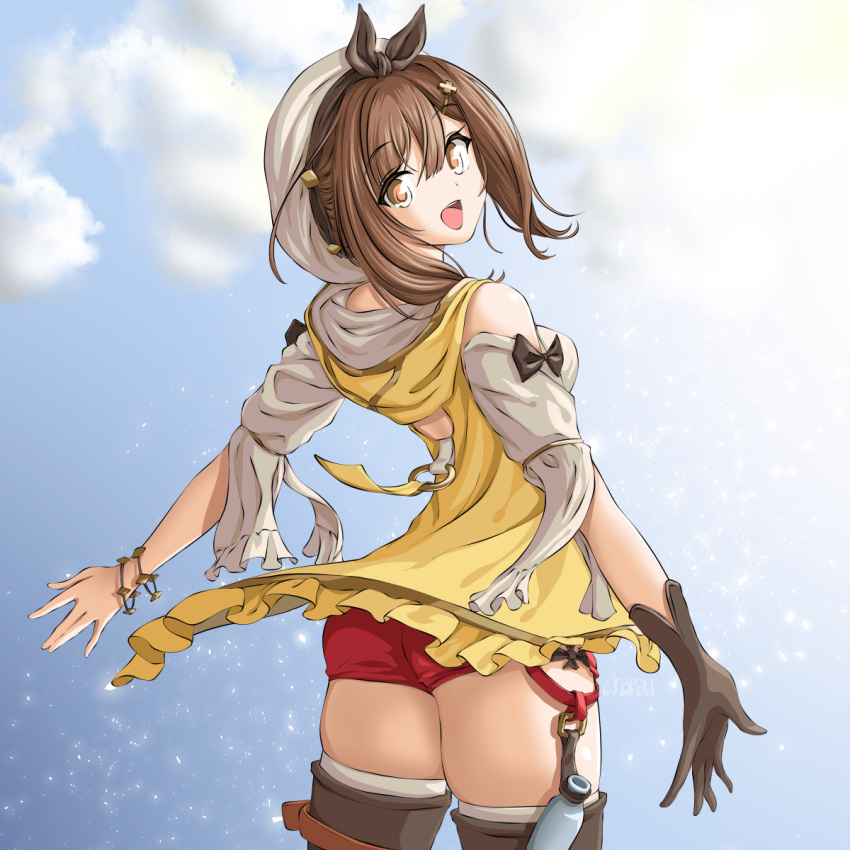 1girl ass atelier_(series) atelier_ryza black_gloves brown_eyes brown_hair brown_legwear chaesu clouds cowboy_shot from_behind gloves highres looking_at_viewer looking_back open_mouth red_shorts reisalin_stout shorts single_glove smile solo sparkle thigh-highs