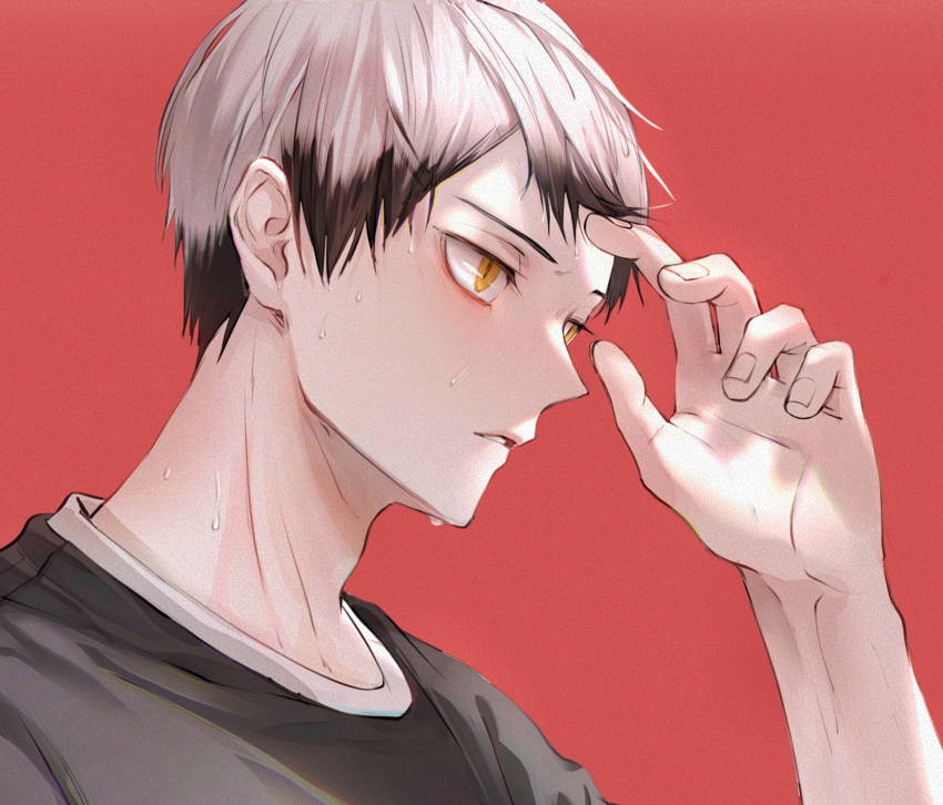1boy close-up dal_li_0130 eyebrows eyelashes fingernails grey_hair haikyuu!! hand_in_hair hand_up highres jersey kita_shinsuke korean_commentary male_focus multicolored_hair parted_lips profile red_background short_hair sportswear sweat two-tone_hair volleyball_uniform yellow_eyes