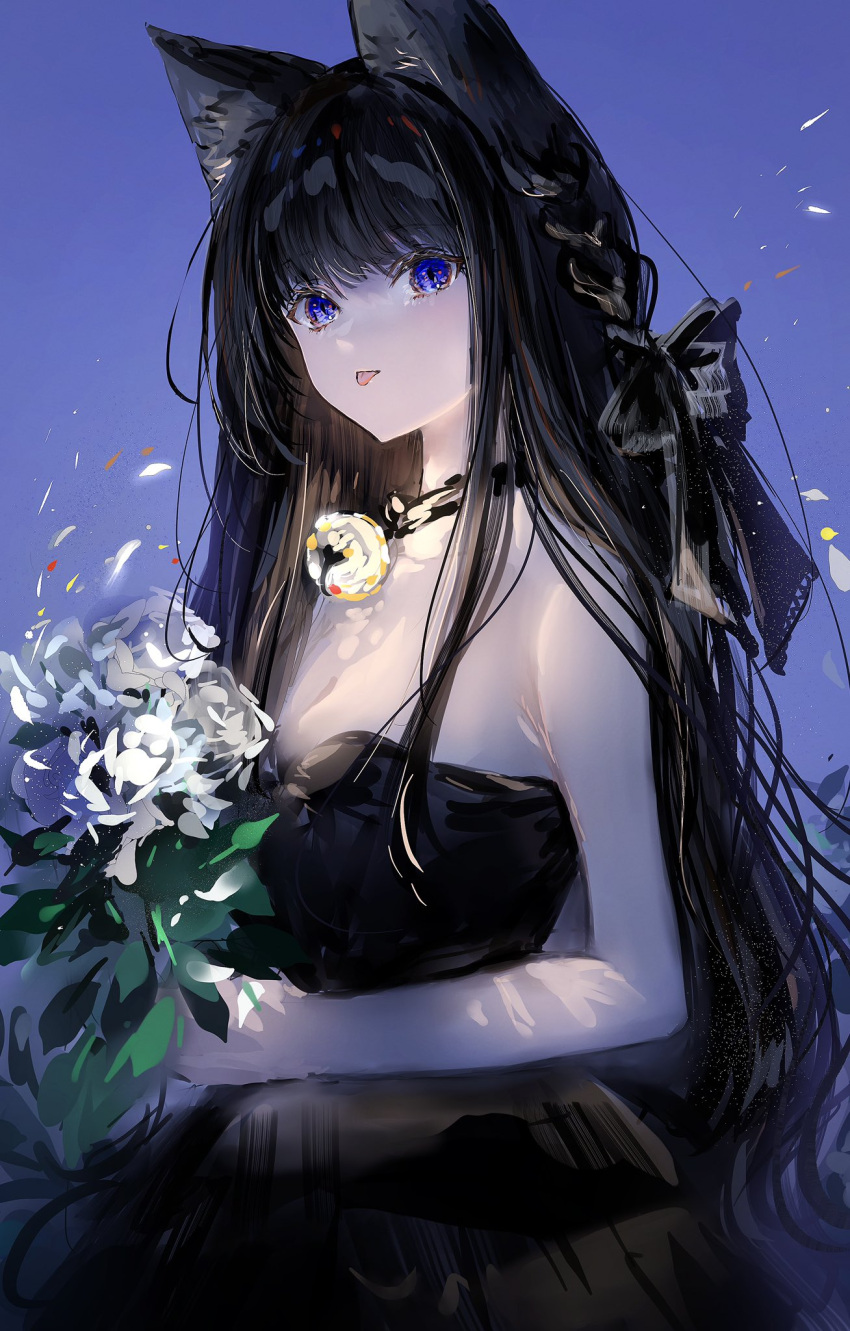 1girl animal_ear_fluff animal_ears bangs black_bow black_dress black_hair blue_background bouquet bow braid breasts commentary_request dress eyebrows_visible_through_hair flower french_braid glowing hair_bow highres holding holding_bouquet long_hair looking_at_viewer nanaponi original sidelocks small_breasts solo standing strapless strapless_dress tongue tongue_out upper_body violet_eyes white_flower