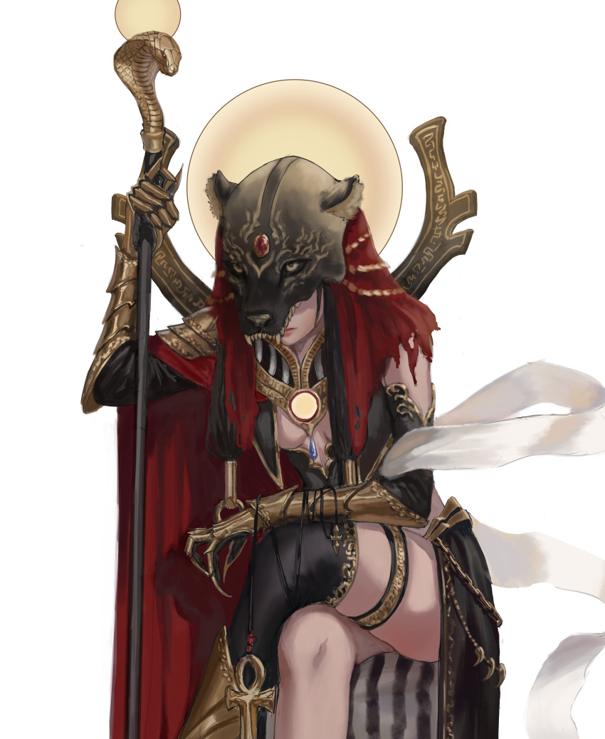 1girl absurdres ankh arm_on_knee arm_up armor black_hair breast_cutout cape cleavage_cutout clothing_cutout commission crossed_legs egyptian egyptian_mythology gauntlets gold_can highres holding holding_staff lion_mask long_hair mask original parted_lips sekhmet shoulder_armor single_thighhigh sitting solo staff thigh-highs yellow_eyes