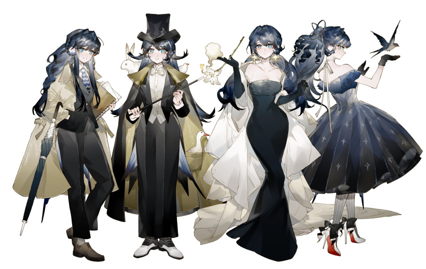1girl absurdres alternate_costume animal animal_on_shoulder arknights astesia_(arknights) bird birthday blue_eyes blue_hair commentary_request earrings flower gloves hair_intakes hat high_heels highres holding holding_flower jewelry long_hair mixed-language_commentary necktie notebook rabbit simple_background sparrow symbol_commentary top_hat trench_coat umbrella vest wand white_background yuji_(fantasia)