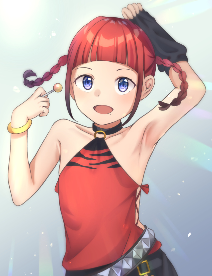 1girl arm_up asukagawa_chise bangs bare_shoulders belt blue_eyes bracelet braid candy choker fingerless_gloves food gloves gridman_universe highres holding holding_candy holding_food holding_lollipop jewelry lollipop looking_at_viewer mamame_suzuki mole mole_under_mouth multicolored_hair o-ring redhead short_hair simple_background single_glove smile solo ssss.dynazenon studded_belt twin_braids