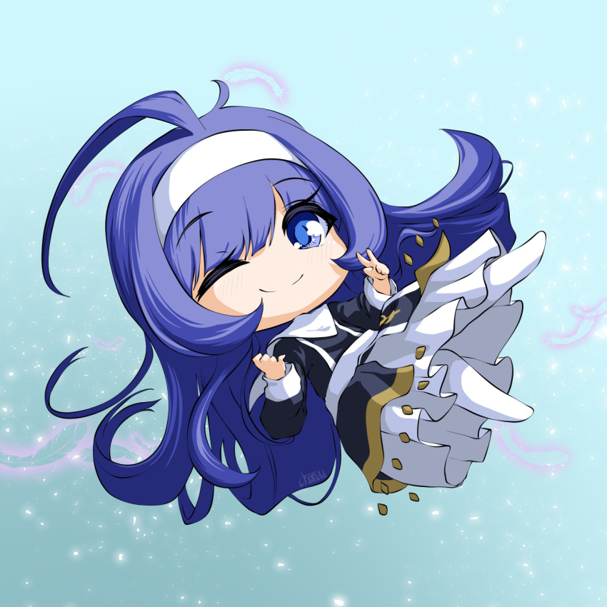 1girl aqua_background bangs blue_eyes blue_hair chaesu chibi dress eyebrows_visible_through_hair feathers hairband highres long_hair looking_at_viewer no_nose one_eye_closed orie_(under_night_in-birth) smile solo sparkle under_night_in-birth v white_hairband