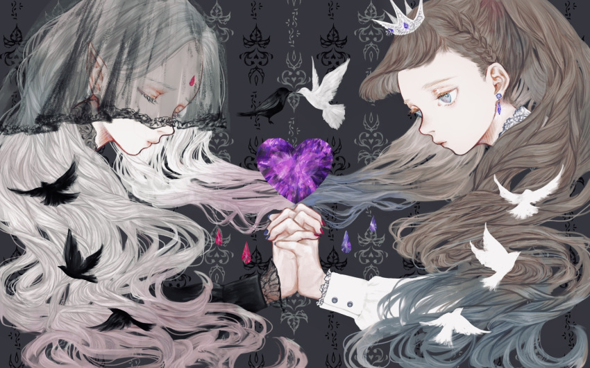2girls bird blue_nails braid brown_hair closed_eyes crown earrings forehead_jewel grey_background grey_eyes heart highres holding_hands interlocked_fingers jewelry long_sleeves mini_crown multiple_girls original pointy_ears red_nails shirone_(coxo_ii) upper_body white_hair