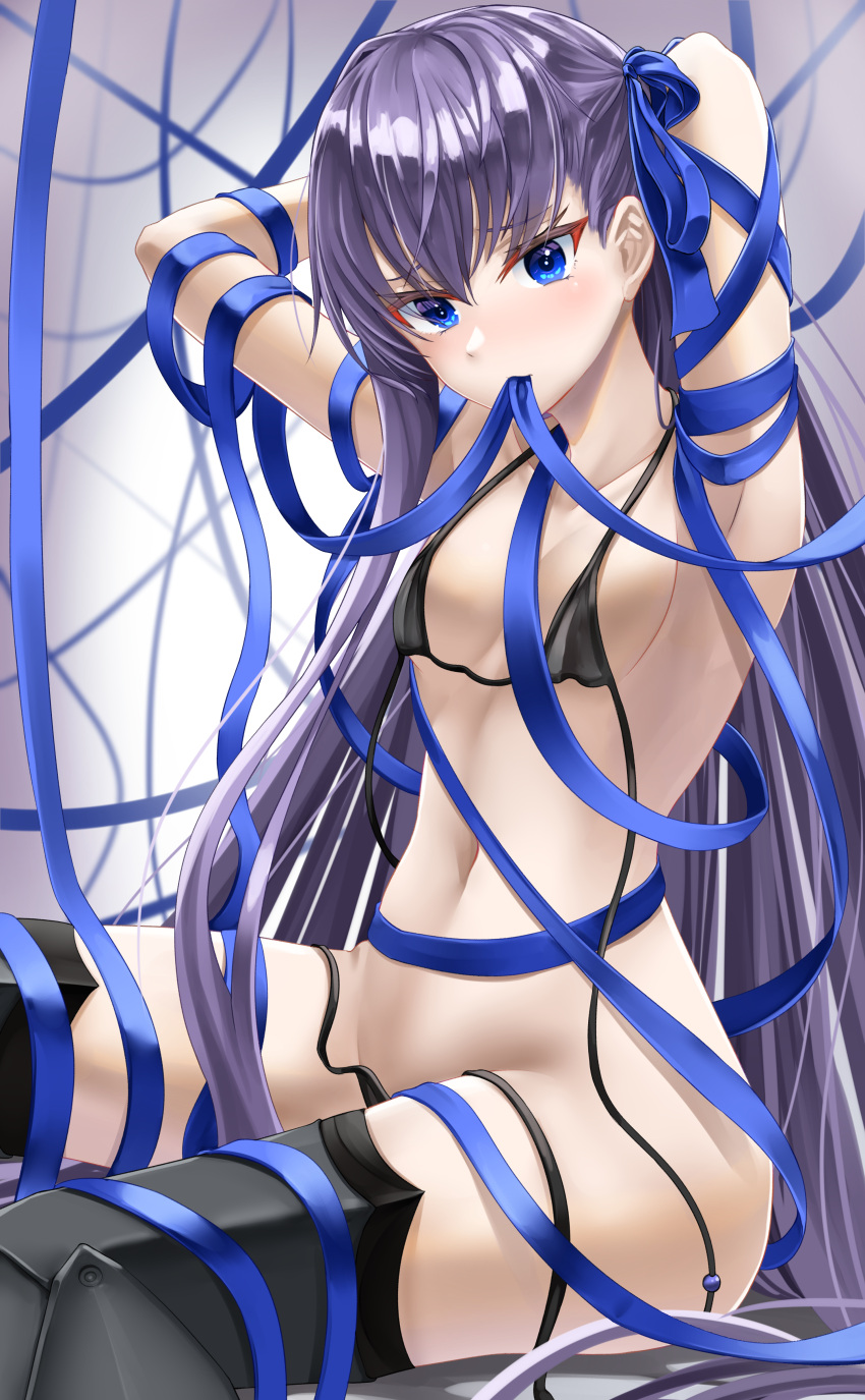 1girl absurdres armpits arms_behind_head arms_up bangs bare_shoulders bikini black_bikini blue_eyes blue_ribbon blush breasts collarbone fate/grand_order fate_(series) greaves hair_ribbon highres long_hair looking_at_viewer meltryllis_(fate) meltryllis_(swimsuit_lancer)_(fate) mouth_hold navel prosthesis prosthetic_leg purple_hair ribbon sitting small_breasts swimsuit thighs totororo untied untied_bikini very_long_hair