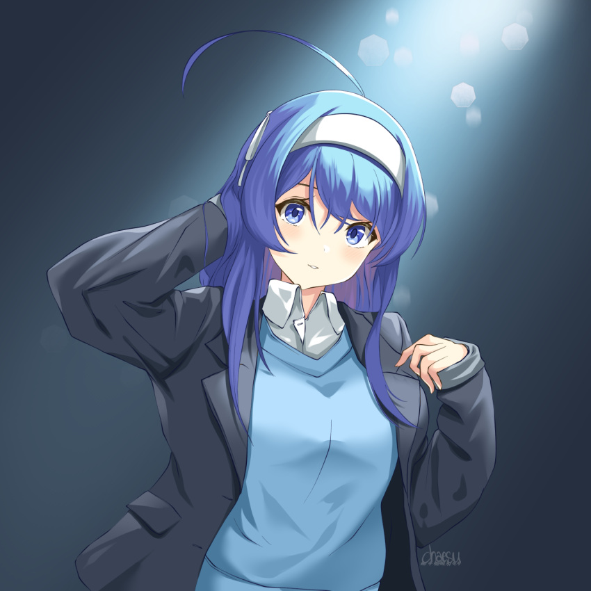 1girl ahoge black_jacket blue_eyes blue_hair blue_sweater blush chaesu collared_shirt hairband highres jacket long_hair looking_at_viewer orie_(under_night_in-birth) parted_lips shirt signature smile solo sweater under_night_in-birth white_hairband white_shirt