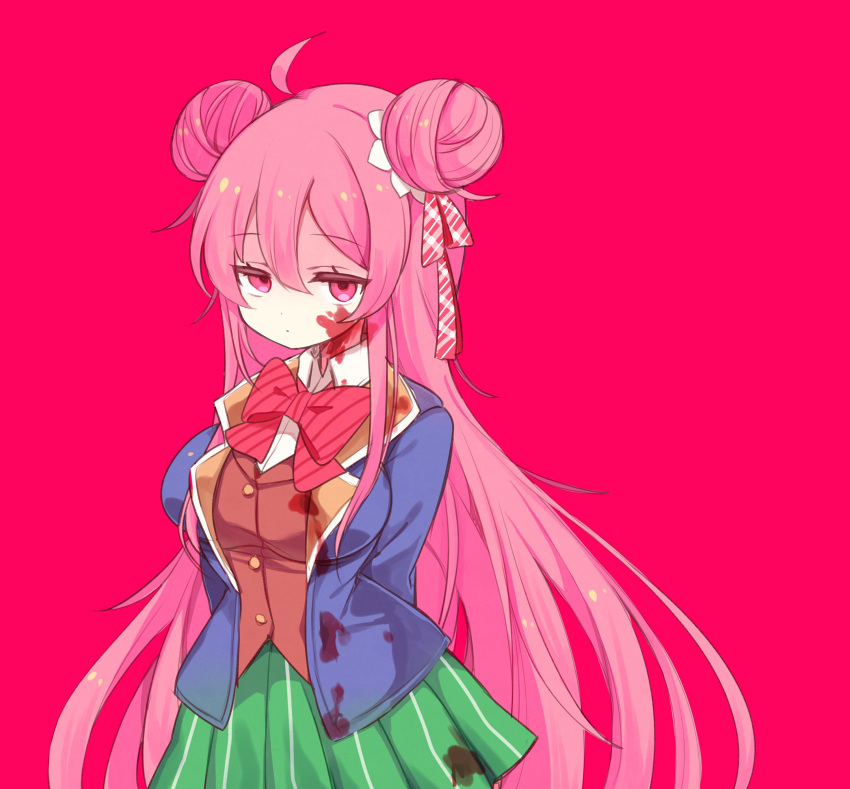 absurdres ahoge arms_behind_back bangs blazer blood blood_on_face blood_stain bloody_clothes bow bowtie breasts buttons clarevoir collared_shirt double_bun eyebrows_visible_through_hair green_skirt hair_ribbon happy_sugar_life highres jacket lapel long_hair matsuzaka_satou medium_breasts pink_eyes pink_hair plaid plaid_hairband red_background ribbon school_uniform shirt sidelocks simple_background skirt very_long_hair yandere