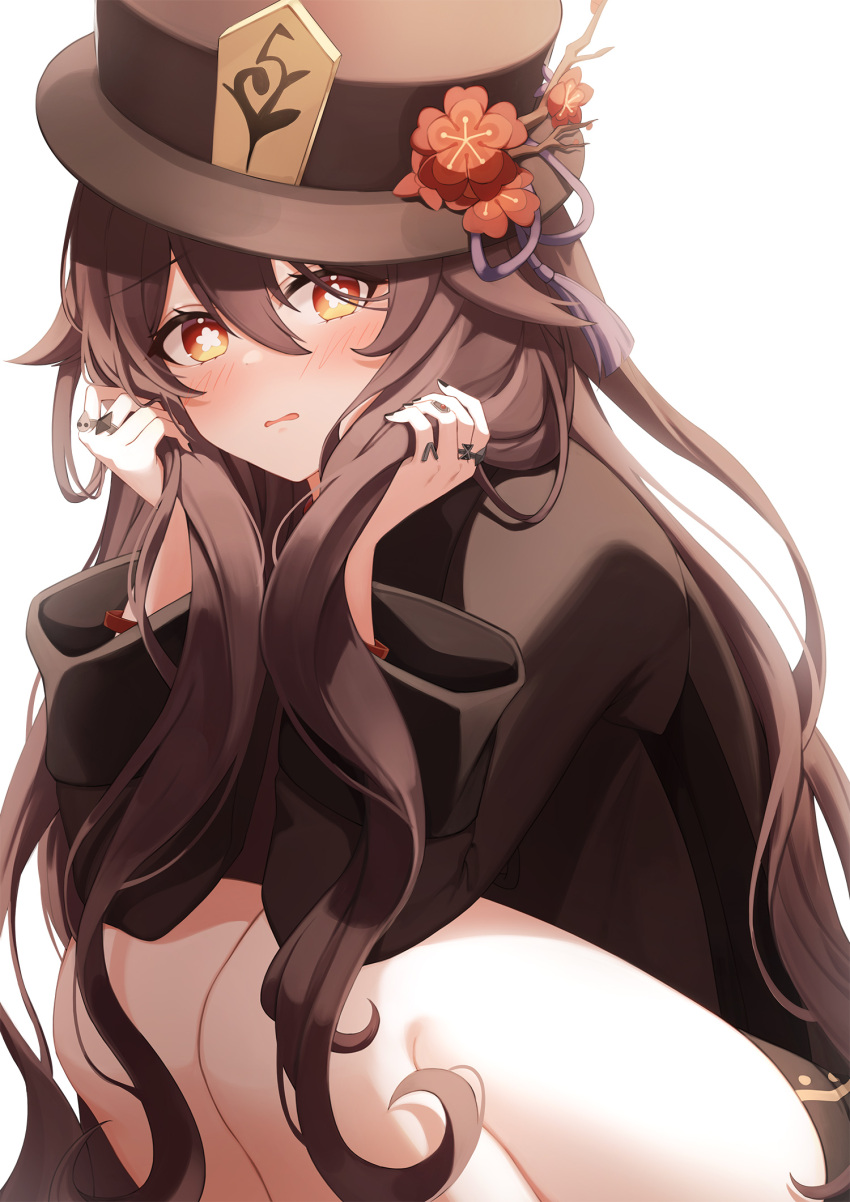 1girl bangs black_nails blush brown_hair brown_headwear brown_shirt commentary_request embarrassed eyebrows_visible_through_hair flower flower-shaped_pupils genshin_impact gya_(144) hair_between_eyes hands_up hat hat_flower highres holding holding_hair hu_tao_(genshin_impact) jewelry long_hair long_sleeves looking_at_viewer multicolored multicolored_eyes multiple_rings nail_polish parted_lips plum_blossoms red_eyes red_flower ring shirt simple_background solo squatting tassel very_long_hair white_background wide_sleeves wristband yellow_eyes