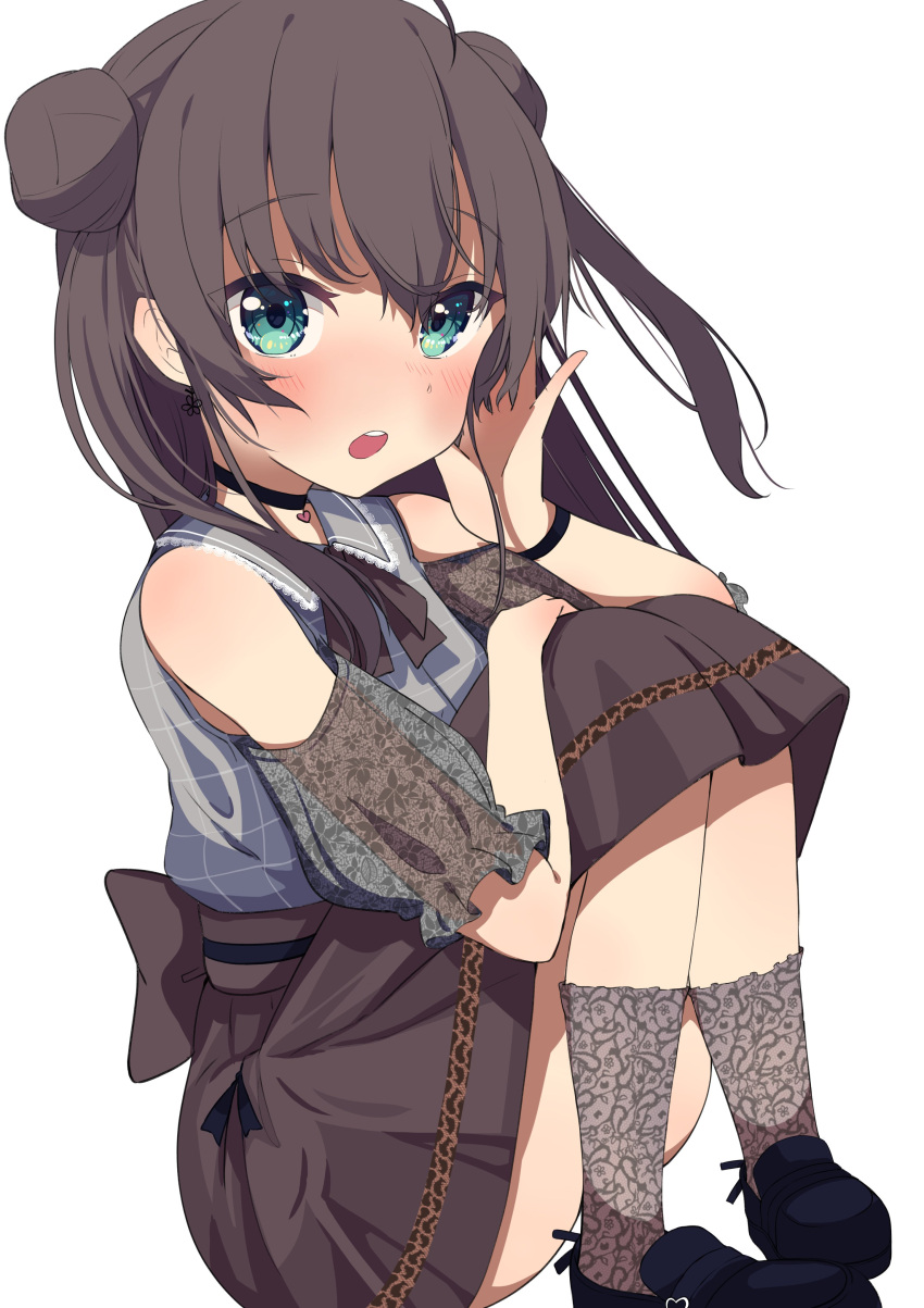 1girl absurdres ahoge bangs black_footwear blue_eyes blush bow brown_hair brown_legwear brown_skirt clothing_cutout collared_shirt commentary_request double_bun eyebrows_visible_through_hair grey_shirt hair_between_eyes highres hololive loafers long_hair looking_at_viewer natsuiro_matsuri okota_mikan open_mouth puffy_short_sleeves puffy_sleeves see-through see-through_sleeves shirt shoes short_sleeves shoulder_cutout simple_background skirt socks solo squatting two_side_up upper_teeth very_long_hair virtual_youtuber water white_background