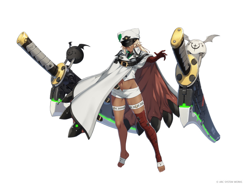 1girl absurdres animal_hat bandaged_arm bandaged_leg bandages blonde_hair cloak counter_side crossover dark_skin expressionless full_body guilty_gear guilty_gear_strive hair_between_eyes hat highres huge_weapon long_hair looking_at_viewer midriff navel official_art peaked_cap ramlethal_valentine red_legwear short_shorts shorts single_thighhigh solo thigh-highs thigh_strap thighs toeless_legwear transparent_background weapon yellow_eyes