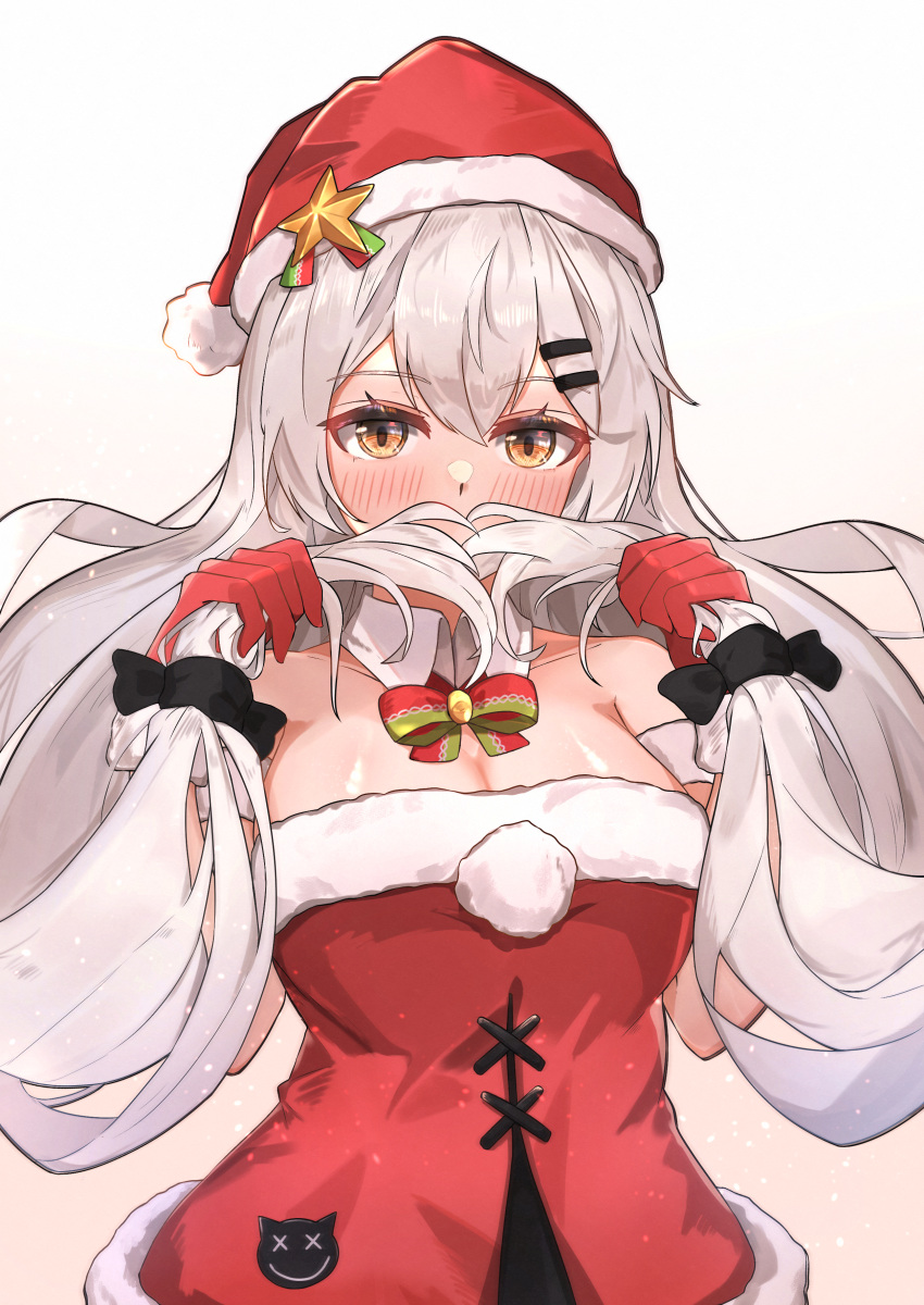 1girl absurdres breasts brown_eyes dress girls_frontline gloves grey_hair hair_ornament hairclip hat highres large_breasts long_hair low_twintails muteppona_hito red_dress red_gloves red_headwear santa_dress santa_hat sleeveless sleeveless_dress solo strapless strapless_dress svd_(girls'_frontline) twintails upper_body