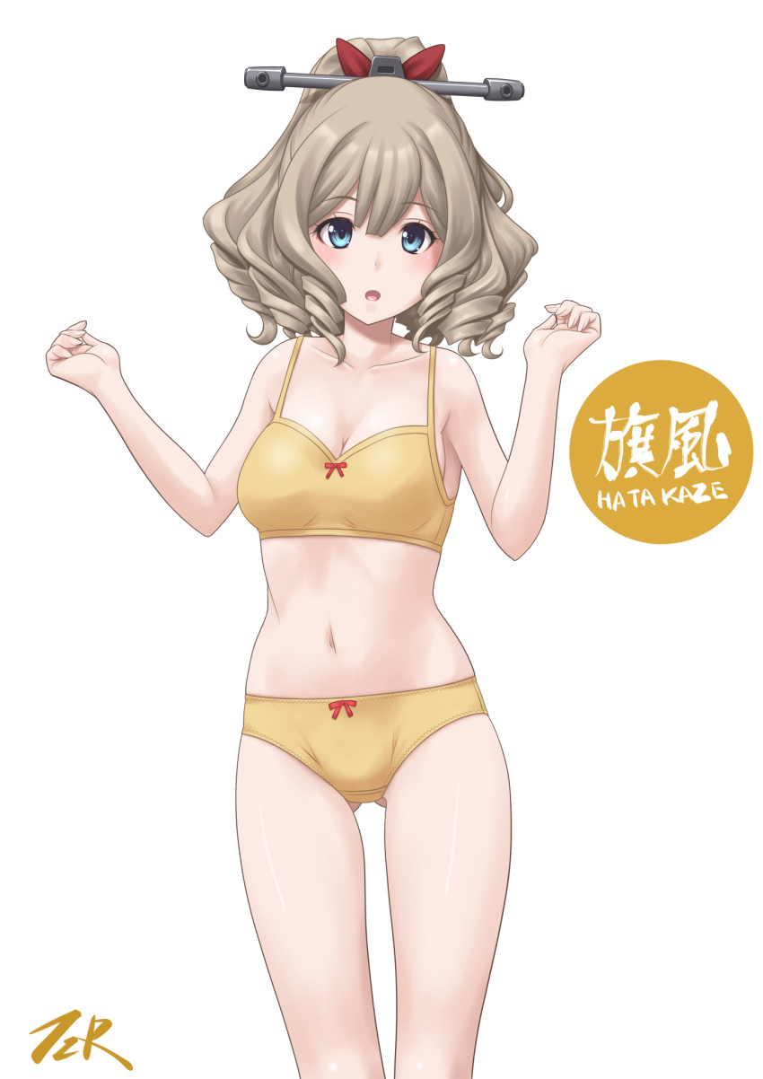 1girl blue_eyes bra breasts character_name commentary_request cowboy_shot drill_hair hair_between_eyes hair_ribbon hatakaze_(kancolle) highres kantai_collection light_brown_hair looking_at_viewer medium_breasts panties ponytail red_ribbon ribbon simple_background solo t2r underwear underwear_only white_background yellow_bra yellow_panties