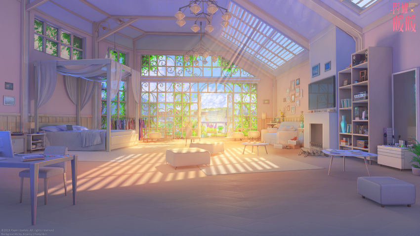 absurdres arseniy_chebynkin balcony bed bed_sheet bedroom blanket blinds book candle canopy_bed ceiling_light chair computer couch cup curtains decorations desk fireplace flower flower_pot high_heels highres house indoors interior ladder lamp laptop lavender_(flower) light_rays log nightstand no_humans notebook official_art ottoman photo_(object) picture_frame pillow plant potted_plant room rug sandals scenery shelf shining_nikki shoebox sky skylight stool sunlight table tea_set teacup television vase