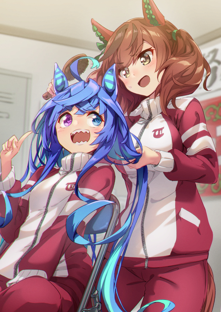 2girls :d @_@ absurdres ahoge animal_ears bangs blue_eyes blue_hair blush breasts brown_eyes brown_hair brushing_another's_hair colored_inner_hair commentary_request ear_covers eva_mashiro eyebrows_visible_through_hair hair_brush hair_tie hand_up hands_up heterochromia highres holding holding_brush holding_hair horse_ears horse_girl horse_tail index_finger_raised jacket large_breasts long_hair long_sleeves looking_at_another multicolored_hair multiple_girls nice_nature_(umamusume) open_mouth pants red_jacket red_pants sharp_teeth smile sweatdrop tail teeth thick_eyebrows track_jacket track_pants track_suit twin_turbo_(umamusume) twintails umamusume very_long_hair violet_eyes white_jacket zipper