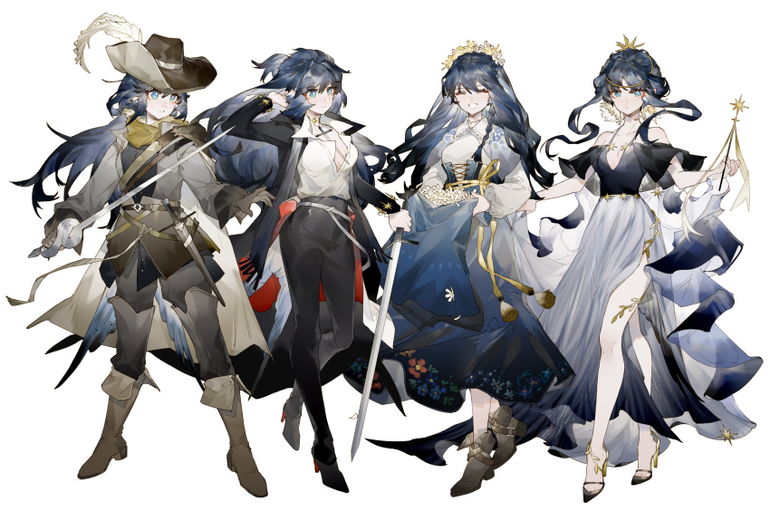 1girl absurdres alternate_costume arknights astesia_(arknights) bird_tail birthday blue_eyes blue_feathers blue_hair boots commentary_request corset dagger floral_print gloves hair_intakes hat hat_feather head_wreath high_heels highres holding holding_sword holding_weapon knife long_hair mixed-language_commentary sheath sheathed simple_background sword symbol_commentary tail tail_feathers tiara wand weapon white_background yuji_(fantasia)