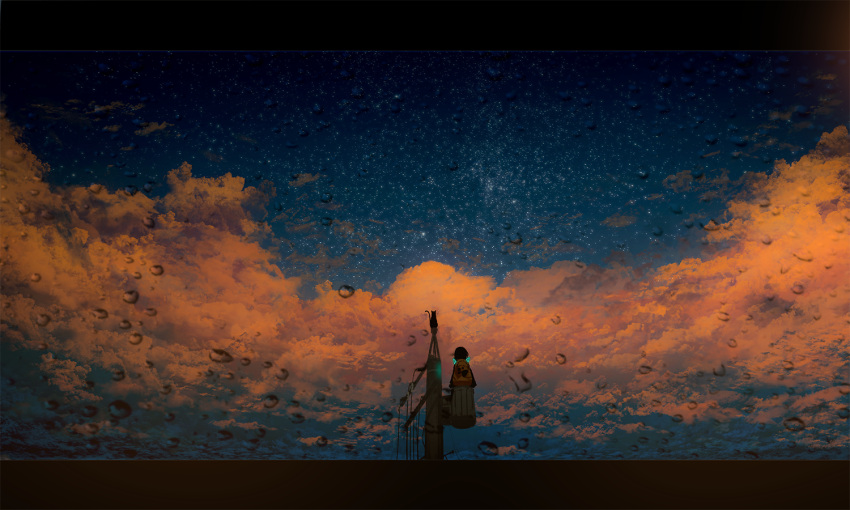 1girl backpack bag black_cat cat chocoshi clouds cloudy_sky commentary_request dusk from_behind letterboxed night night_sky orange_clouds original outdoors photoshop_(medium) scenery sitting sky sky_focus solo star_(sky) starry_sky sunset utility_pole water_drop wide_shot
