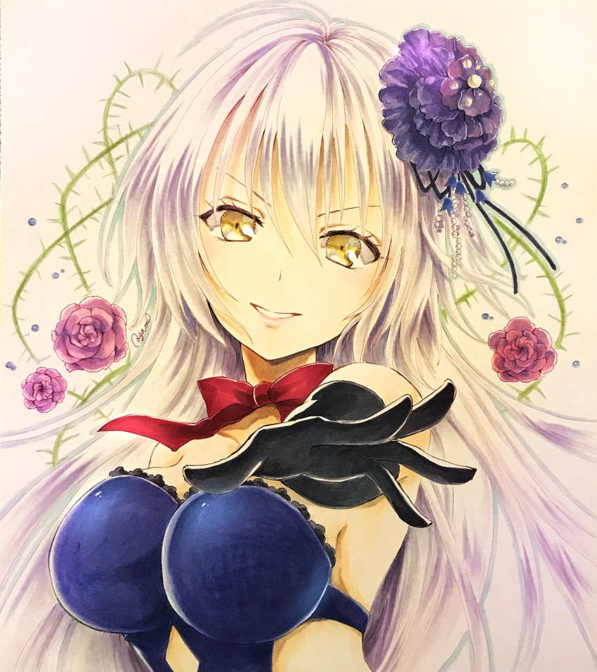 1girl absurdres ahoge ayamu_(igakato) bangs black_gloves blue_dress breasts dress elbow_gloves eyebrows_behind_hair eyebrows_visible_through_hair fate/grand_order fate_(series) flower gloves hair_between_eyes hair_flower hair_ornament highres jeanne_d'arc_(alter)_(fate) jeanne_d'arc_(fate)_(all) long_hair looking_at_viewer open_mouth reaching_out ribbon rose silver_hair smile solo upper_body very_long_hair yellow_eyes