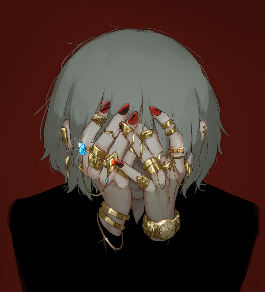 1boy absurdres avogado6 black_shirt bracelet clenched_teeth covered_face facing_viewer fingernails hands_over_eyes hands_up highres jewelry multiple_rings nail_art original pinky_ring red_background red_nails ring shirt simple_background solo teeth thumb_ring upper_body watch watch