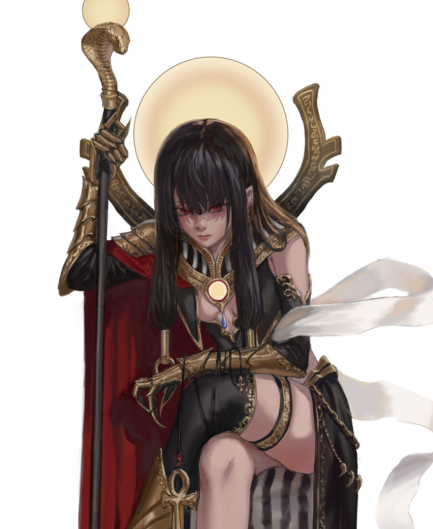 1girl absurdres ankh arm_on_knee arm_up armor black_hair breast_cutout cape commission crossed_legs egyptian egyptian_mythology gauntlets gold_can highres holding holding_staff long_hair mole mole_under_eye original parted_lips red_eyes sekhmet shoulder_armor single_thighhigh sitting solo staff thigh-highs