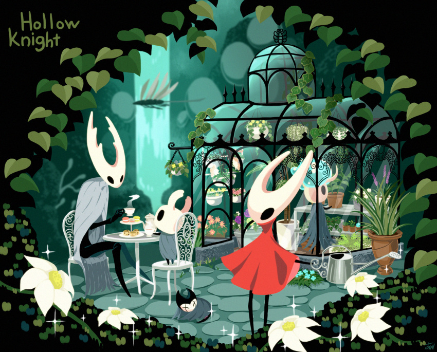 1girl arizuka_(catacombe) broken_vessel_(hollow_knight) chair cloak copyright_name flower food grimmchild hollow_knight hollow_knight_(character) hornet_(hollow_knight) knight_(hollow_knight) lily_pad plant potted_plant purple_flower red_cloak sitting sleeping standing table watering_can white_coak white_flower
