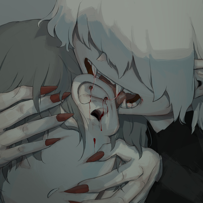 2boys absurdres avogado6 bite_mark bleeding blood blood_string commentary_request covered_eyes fangs fingernails grey_hair hair_between_eyes highres male_focus multiple_boys nail_polish open_mouth original parted_lips pointy_ears red_nails vampire